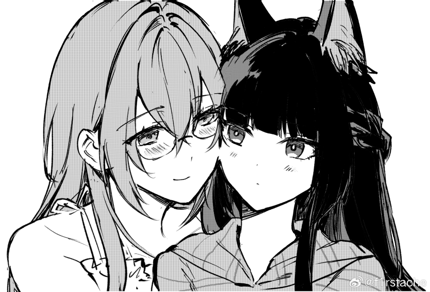 2girls animal_ear_fluff animal_ears bad_link blunt_bangs blush closed_mouth f1rstache fox_ears fox_girl glasses greyscale highres hoshimi_miyabi long_hair looking_at_another monochrome multiple_girls sidelocks simple_background smile tsukishiro_yanagi upper_body watermark weibo_watermark white_background yuri zenless_zone_zero
