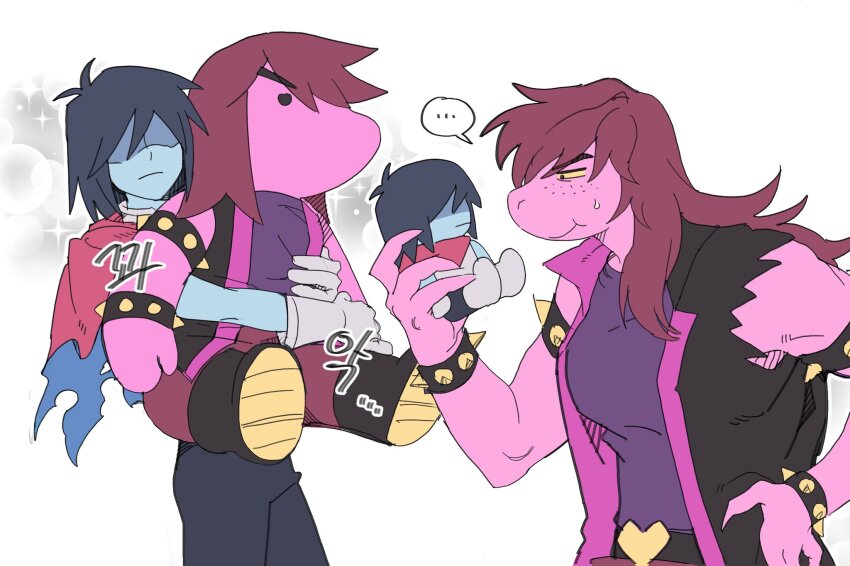 ... 1girl 1other armlet black_jacket blue_hair blue_skin bracelet character_doll closed_mouth colored_sclera colored_skin commentary_request deltarune doll furry furry_female hand_on_own_hip highres holding holding_stuffed_toy jacket jewelry korean_commentary korean_text kris_(deltarune) long_hair purple_hair purple_shirt purple_skin red_scarf reptile_girl scarf shirt sleeveless sleeveless_jacket smile spiked_armlet spiked_bracelet spikes spoken_ellipsis stuffed_toy susie_(deltarune) translation_request ttudolee yellow_sclera