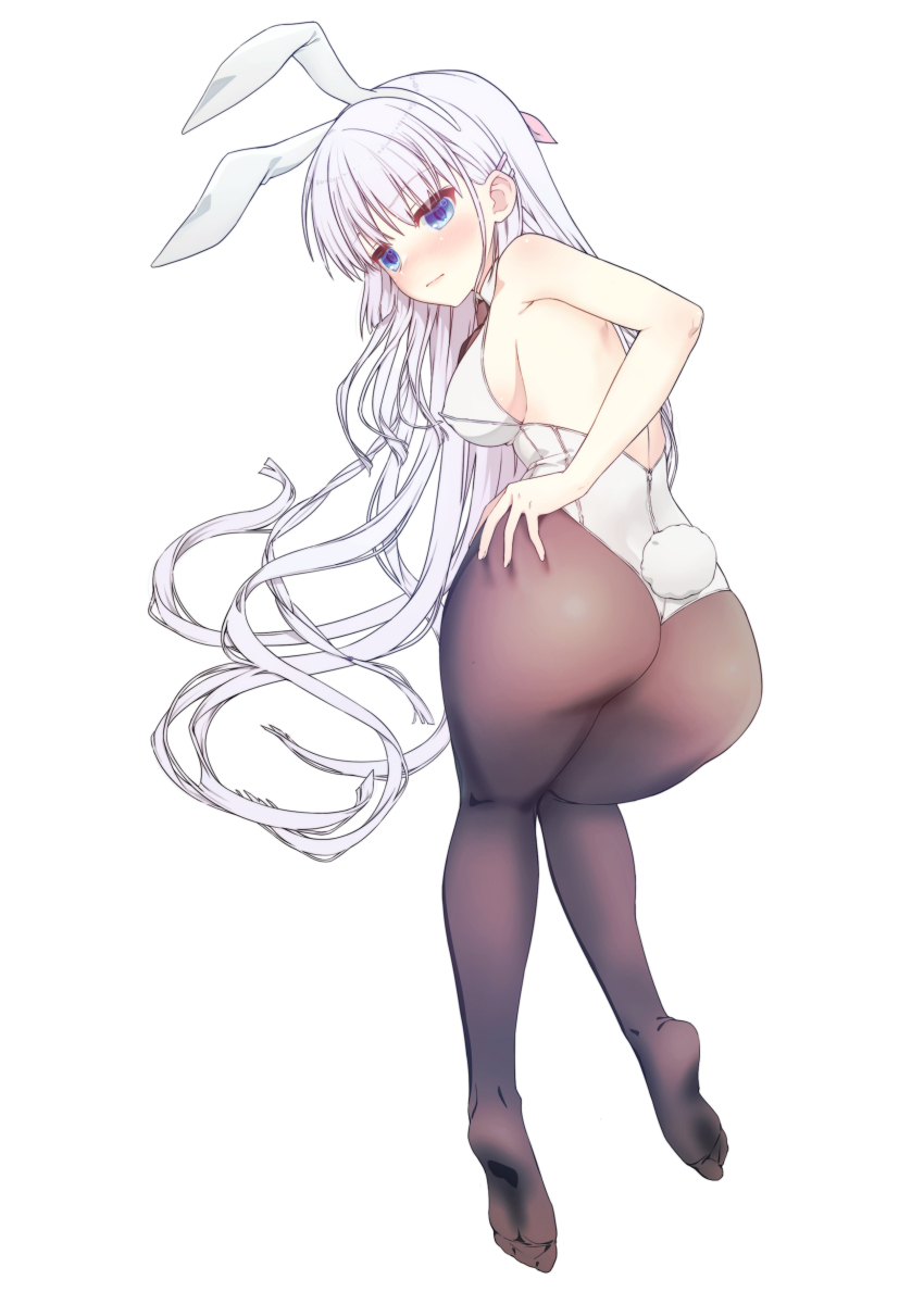 1girl :| absurdres all_fours alternate_costume animal_ears ass back backboob black_pantyhose blue_eyes blunt_ends blush breasts closed_mouth commentary curvy embarrassed fake_animal_ears fake_tail foreshortening from_above from_behind frown full_body grey_background hair_between_eyes hair_ornament hair_spread_out hairclip hand_on_own_ass highleg highleg_leotard highres knees_together_feet_apart large_breasts leotard long_hair looking_at_viewer looking_back naruse_shiroha natsuoto_rito no_shoes nose_blush pantyhose playboy_bunny rabbit_ears rabbit_tail simple_background soles solo strapless strapless_leotard summer_pockets tail thighs very_long_hair white_hair white_leotard