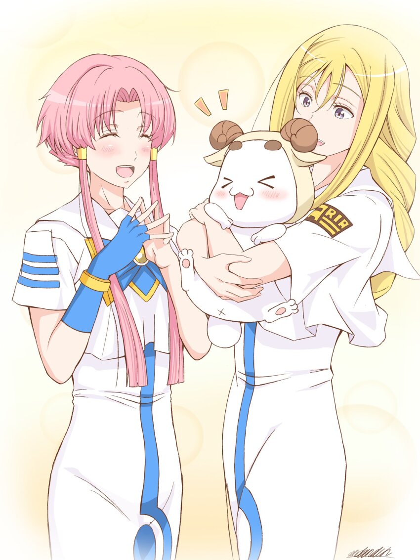 2girls alicia_florence andanden aria_(manga) aria_company_uniform aria_pokoteng blonde_hair blue_bow blue_bowtie blush bow bowtie bracelet cat closed_eyes cowboy_shot dress gold_bracelet hair_tubes hands_up highres holding long_hair mizunashi_akari multiple_girls open_mouth own_hands_together parted_bangs pink_hair purple_eyes short_hair_with_long_locks sidelocks signature tan_background teeth upper_teeth_only white_dress