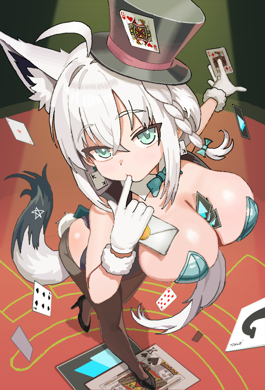 1girl absurdres ahoge alternate_costume animal_ears braid breasts card cl_oor earrings finger_to_mouth fox_ears fox_girl fox_tail gloves hair_between_eyes hat highres holding holding_card hololive jewelry large_breasts leotard long_hair looking_at_viewer playboy_bunny playing_card playing_card_earrings shirakami_fubuki side_braid solo tail top_hat virtual_youtuber white_hair