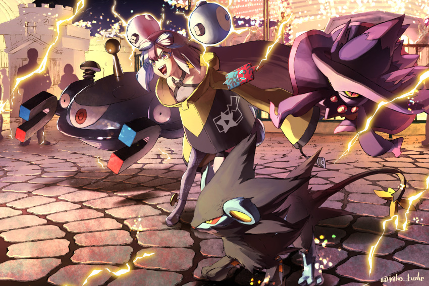 1girl boots commentary_request electricity gen_4_pokemon grey_pantyhose grey_shirt highres iono_(pokemon) jacket jako_(boke_poke) leaning_forward long_hair long_sleeves luxray magnezone mismagius nintendo open_mouth outdoors pantyhose pokemon pokemon_(creature) pokemon_sv rotom rotom_phone shirt single_leg_pantyhose sleeveless sleeveless_shirt sleeves_past_fingers sleeves_past_wrists standing star_(symbol) star_print teeth tongue twitter_username yellow_jacket