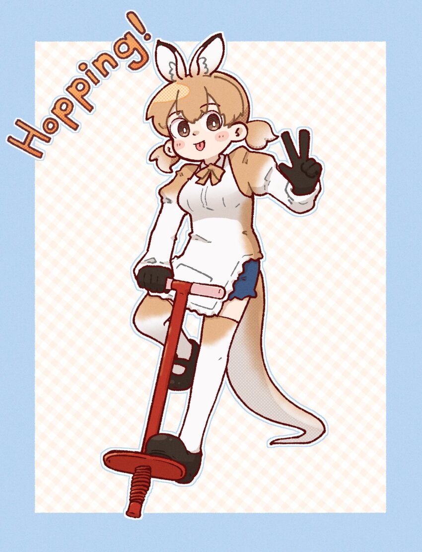 1girl animal_ears apron bow bowtie brown_eyes brown_hair extra_ears gloves highres hopping kangaroo_ears kangaroo_girl kangaroo_tail kemono_friends long_hair looking_at_viewer red_kangaroo_(kemono_friends) shirt shoes shorts simple_background solo sorairo_meronpan tail thighhighs twintails w