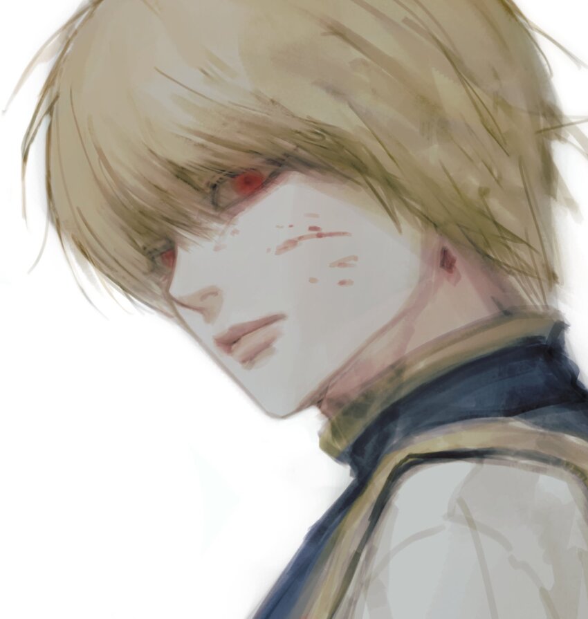 1boy androgynous blonde_hair blood blood_on_face blue_tabard close-up closed_mouth commentary donggeu5603223 grey_shirt hashtag-only_commentary highres hunter_x_hunter kurapika looking_to_the_side male_focus red_eyes shirt short_hair solo tabard upper_body yellow_trim