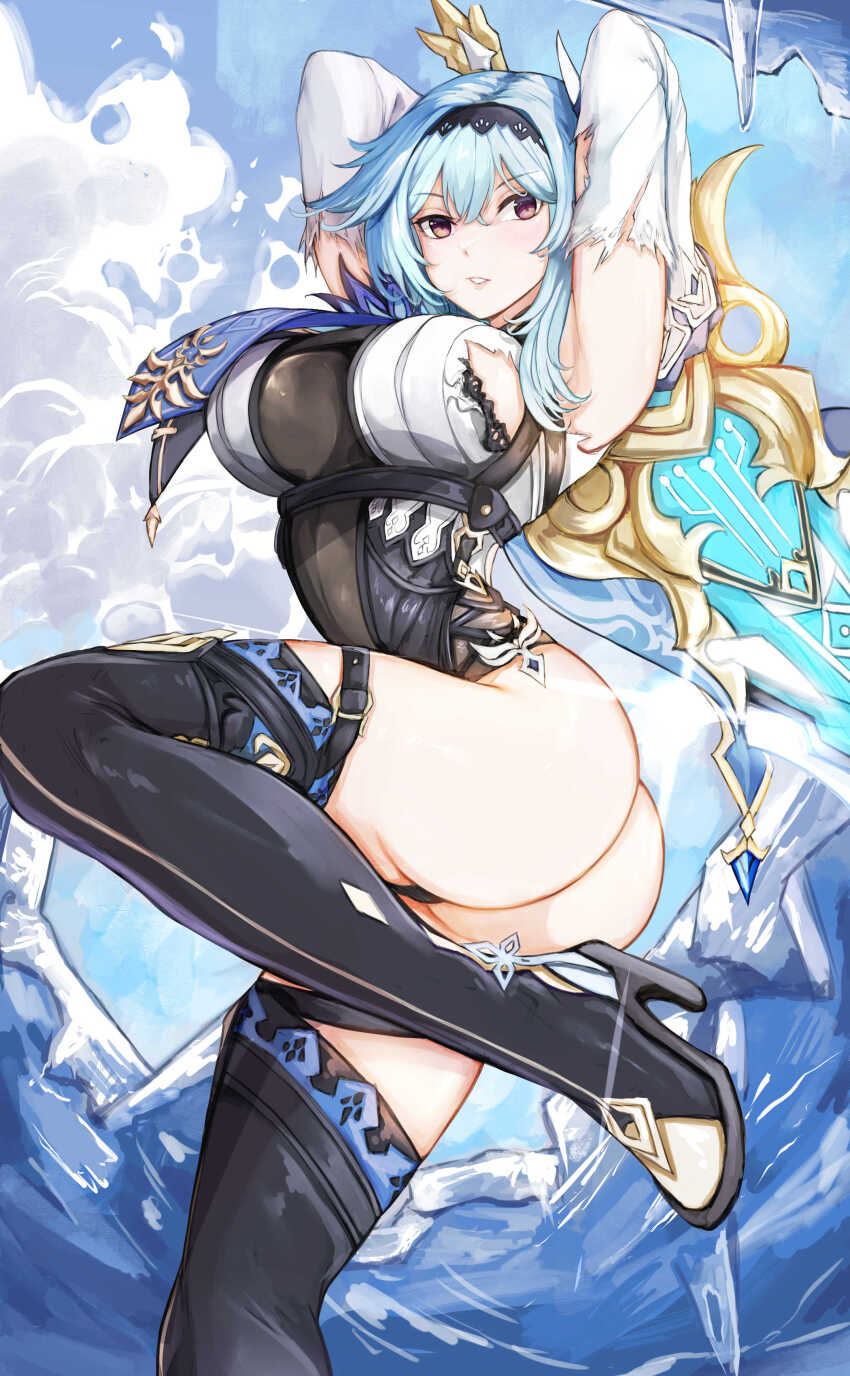 1girl absurdres armpits arms_up ass black_boots black_hairband black_thighhighs blue_hair boots breasts brown_eyes commentary eula_(genshin_impact) foot_out_of_frame genshin_impact hair_between_eyes hairband high_heel_boots high_heels highres large_breasts looking_at_viewer medium_hair nui_gurumi parted_lips shirt solo thighhighs torn_clothes torn_shirt white_shirt