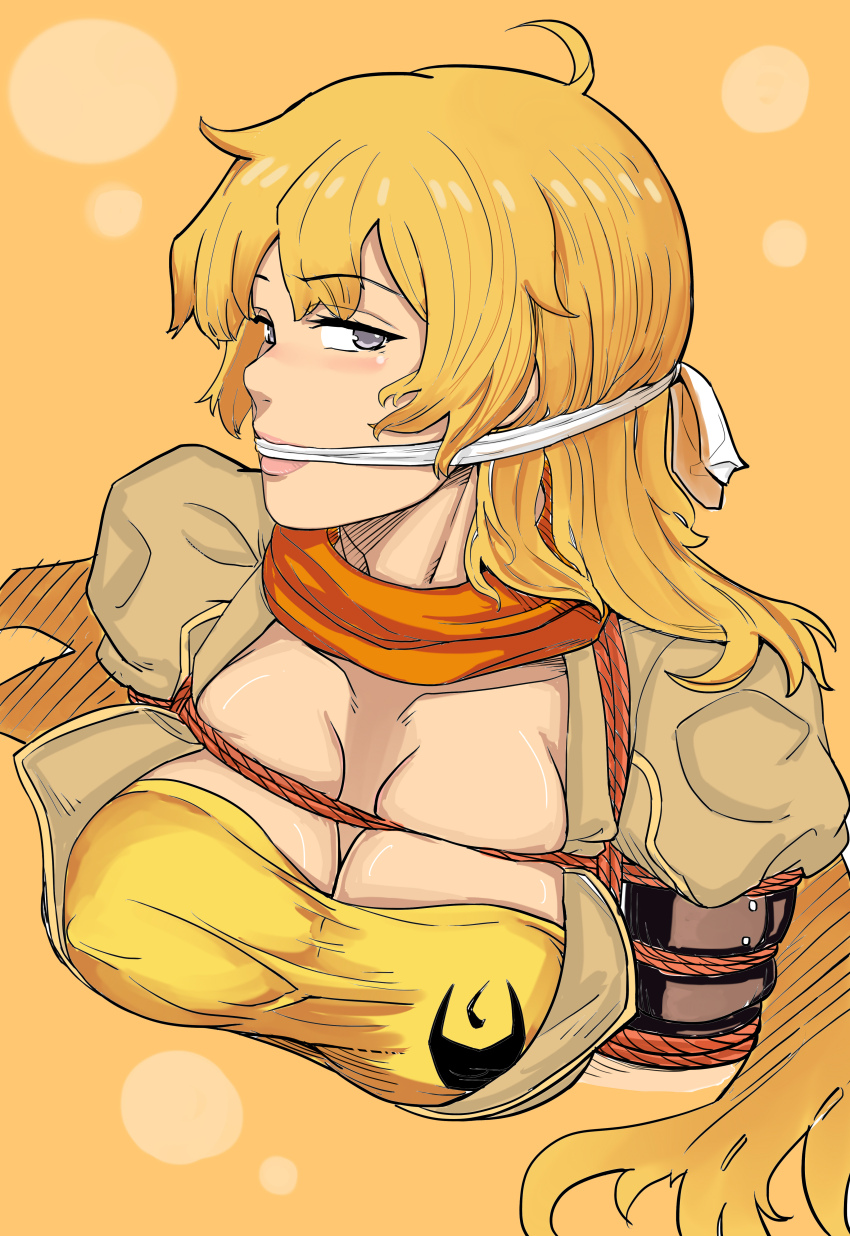 1girl absurdres bdsm blonde_hair bondage bound bound_arms breasts cleavage cleave_gag cloth_gag gag gagged highres improvised_gag long_hair medium_breasts orange_scarf purple_eyes restrained rwby scarf shibari smile wei_suo_biao_shu yang_xiao_long