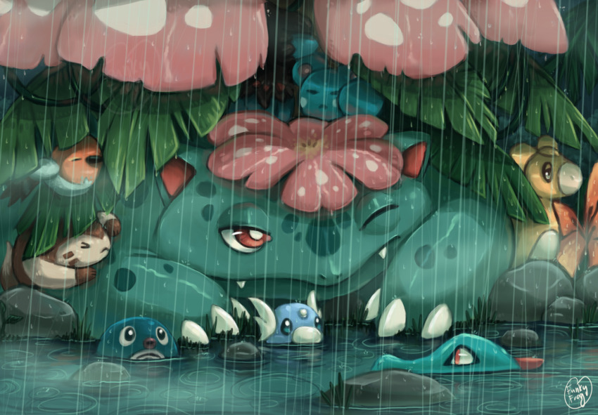 animal_focus azurill bright_pupils claws commentary deino_(pokemon) dratini english_commentary fangs fletchling funkiestfrog furret game_freak gen_1_pokemon gen_2_pokemon gen_3_pokemon gen_5_pokemon gen_6_pokemon mega_pokemon mega_venusaur nintendo no_humans numel pokemon pokemon_(creature) poliwag pond rain red_eyes ripples rock shielding_another_from_rain signature totodile venusaur wet white_pupils