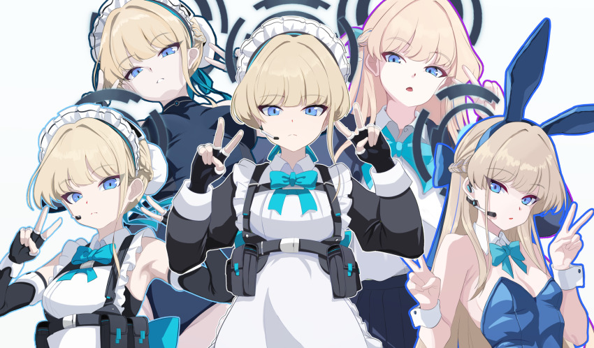 1girl ammunition_pouch animal_ears apron armpits bare_shoulders black_gloves blonde_hair blue_archive blue_eyes cardigan collared_shirt dress elbow_gloves fake_animal_ears fingerless_gloves frilled_dress frills gloves hair_bun halo highres leotard long_hair looking_at_viewer maid maid_apron maid_headdress multiple_views nobunaga1207 one-piece_swimsuit open_mouth playboy_bunny pouch shirt short_hair swimsuit teeth toki_(abi-eshuh)_(blue_archive) toki_(blue_archive) toki_(bunny)_(blue_archive) toki_(school_uniform)_(blue_archive) v very_long_hair white_shirt