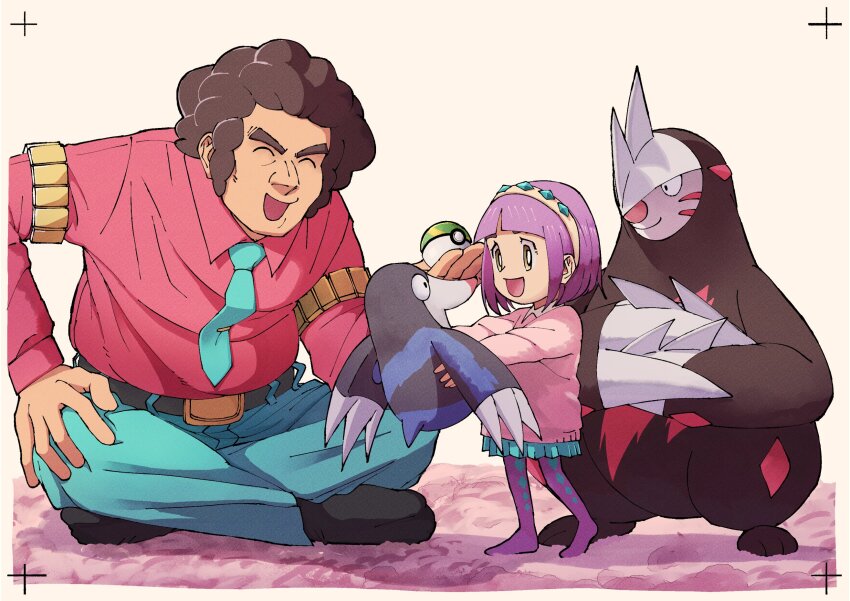1boy 1girl belt blue_necktie border bright_pupils brown_eyes brown_hair claws clay_(pokemon) closed_eyes commentary_request denim drilbur excadrill father_and_daughter full_body gen_5_pokemon happy highres how_long jeans lacey_(pokemon) necktie nintendo open_mouth pants pink_shirt pokemon pokemon_(creature) pokemon_bw pokemon_sv purple_hair purple_socks red_shirt shirt short_hair sitting smile socks standing thick_eyebrows white_background white_border