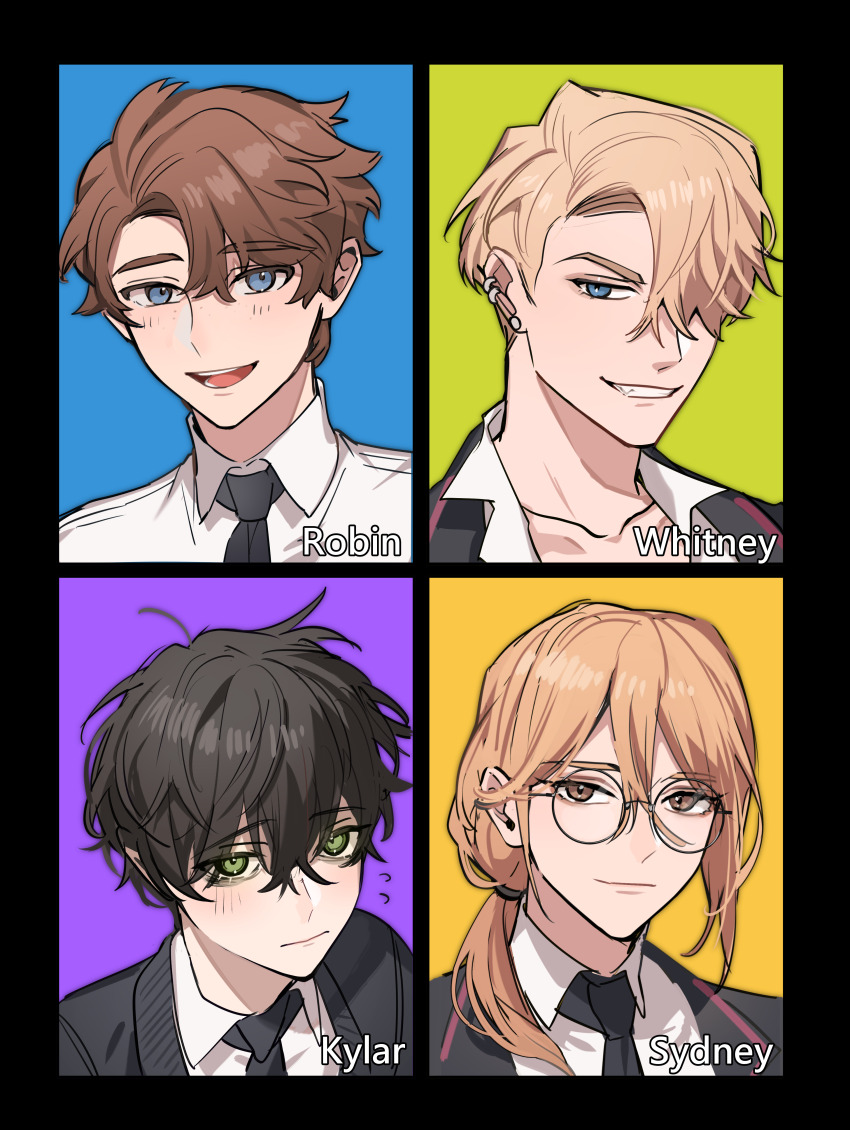 4boys absurdres black_background black_hair black_jacket black_necktie blonde_hair blue_background blue_eyes brown_eyes brown_hair character_name collared_shirt degrees_of_lewdity earrings green_background green_eyes highres jacket jewelry kylar_(degrees_of_lewdity) kylar_(male)_(degrees_of_lewdity) long_hair ming_(5unri5e666) multiple_boys multiple_earrings necktie orange_background purple_background robin_(degrees_of_lewdity) robin_(male)_(degrees_of_lewdity) shirt short_hair simple_background sydney_(degrees_of_lewdity) sydney_(male)_(degrees_of_lewdity) white_shirt whitney_(degrees_of_lewdity) whitney_(male)_(degrees_of_lewdity)