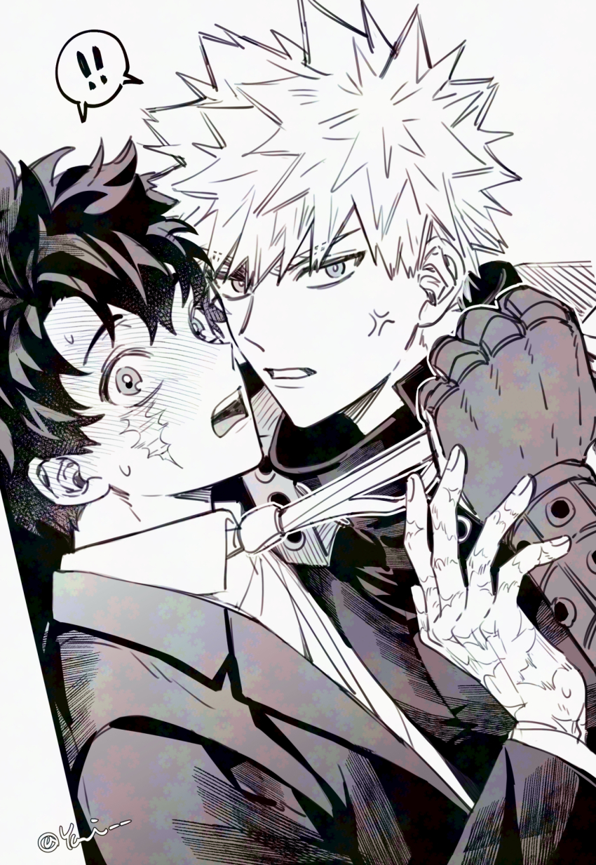 ! !! 2boys anger_vein arm_up bakugou_katsuki boku_no_hero_academia clothes_grab collared_shirt commentary_request facial_scar fingernails gloves greyscale highres lapels layered_sleeves long_sleeves looking_at_viewer male_focus midoriya_izuku monochrome multiple_boys necktie necktie_grab neckwear_grab notched_lapels open_mouth parted_bangs popped_collar scar scar_on_cheek scar_on_face scar_on_hand shared_speech_bubble shirt short_hair speech_bubble spiked_hair spoken_exclamation_mark superhero_costume teeth tongue upper_teeth_only white_background wing_collar yooooi2