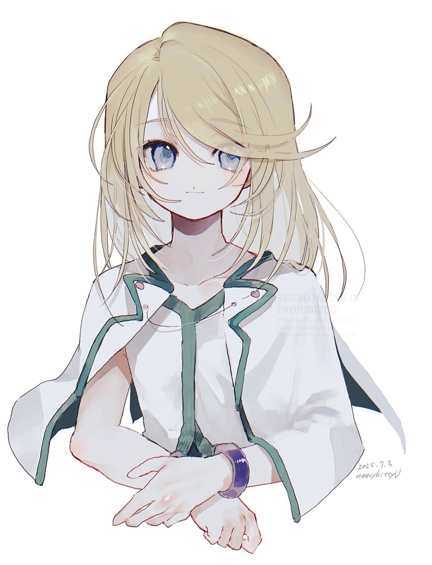 1boy absurdres bangle blonde_hair blue_eyes blush bracelet cape closed_mouth collarbone commentary_request dated hair_over_one_eye highres jewelry light_blush male_focus medium_hair mithos_yggdrasill nancykittyu tales_of_(series) tales_of_symphonia watermark white_background