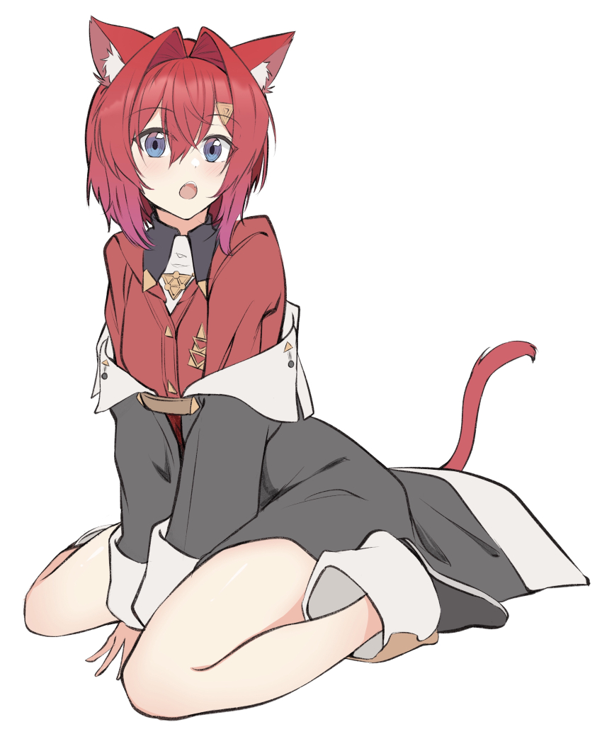 1girl :o absurdres ange_katrina ange_katrina_(1st_costume) animal_ear_fluff animal_ears ankle_boots arms_between_legs bare_legs black_boots blue_eyes blush boots cardigan cat_ears cat_girl cat_tail coat commentary_request full_body grey_coat hair_between_eyes hair_ornament highres kemonomimi_mode long_bangs long_sleeves looking_at_viewer medium_hair multicolored_eyes nijisanji off_shoulder purple_eyes red_cardigan red_hair red_tail simple_background sitting solo tail teeth triangle_hair_ornament two-tone_eyes upper_teeth_only viet_(yomi0556) virtual_youtuber wariza white_background