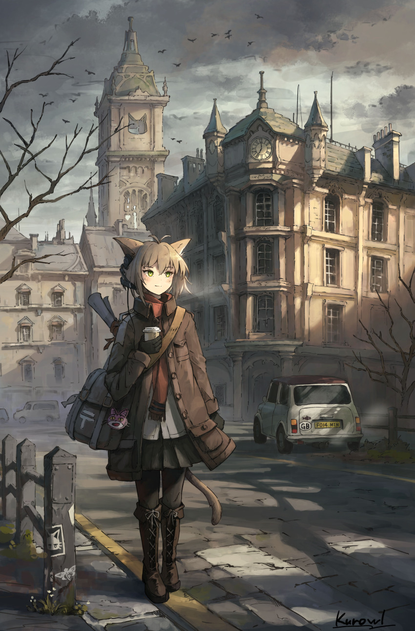 1girl absurdres animal_ears mini_cooper bag bare_tree black_gloves black_pantyhose black_skirt brown_coat brown_footwear brown_hair building car cat_ears cat_girl cat_tail coat cup disposable_cup european_architecture gloves green_eyes grey_sky highres mini_cooper motor_vehicle open_clothes open_coat original pantyhose ram-a red_scarf road rolled_up_paper scarf scenery shirt short_hair shoulder_bag skirt sky tail tree white_shirt