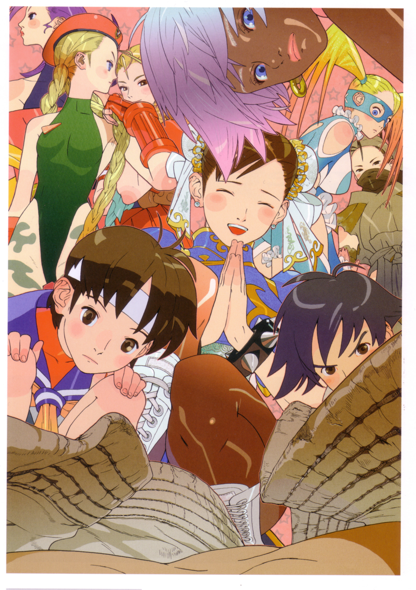 1990s_(style) 1boy 6+girls absurdres ahoge antenna_hair bare_shoulders bengus beret black_hair blonde_hair blue_eyes blue_sailor_collar blush boots bracelet braid brown_eyes brown_hair bun_cover cammy_white camouflage capcom china_dress chinese_clothes chun-li closed_eyes dark_skin double_bun dress drill_hair earrings elena_(street_fighter) fingerless_gloves flat_chest gloves hair_bun harem hat headband heart highres ibuki_(street_fighter) jewelry kanzuki_karin kasugano_sakura leotard lipstick long_hair looking_at_viewer makeup makoto_(street_fighter) mask multiple_girls ninja okama open_mouth pantyhose ponytail pov purple_hair rainbow_mika retro_artstyle ringlets rose_(street_fighter) ryu_(street_fighter) sailor_collar scan scar school_uniform serafuku short_hair skirt smile spiked_bracelet spikes squatting street_fighter street_fighter_ii_(series) street_fighter_iii_(series) street_fighter_zero_(series) thighs thong_leotard twin_braids twintails white_hair