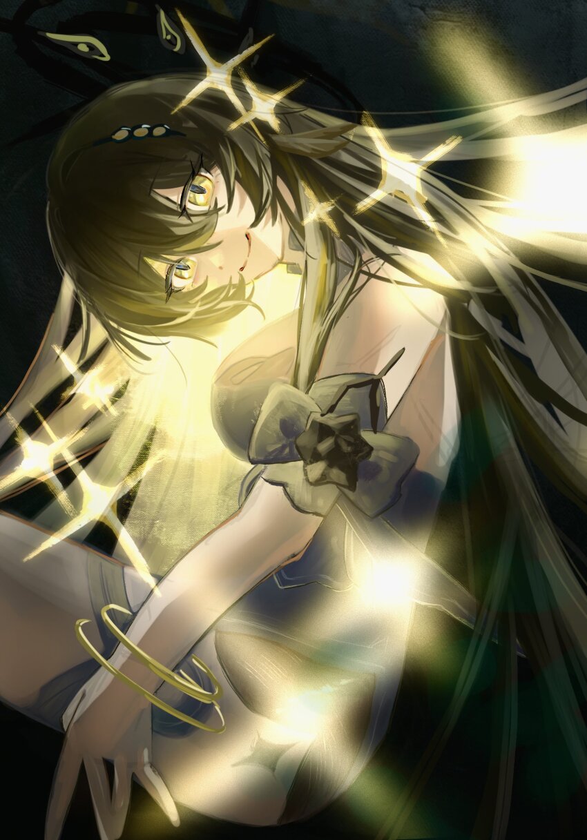 1girl black_background blurry blurry_foreground breasts brown_dress brown_hair closed_mouth dress duoyun_de_tiankong glowing hashtag-only_commentary highres honkai_(series) honkai_impact_3rd large_breasts long_hair looking_at_viewer simple_background smile solo very_long_hair vita_(eldritch_vantage)_(honkai_impact) vita_(honkai_impact) vita_(lone_planetfarer)_(honkai_impact) yellow_background