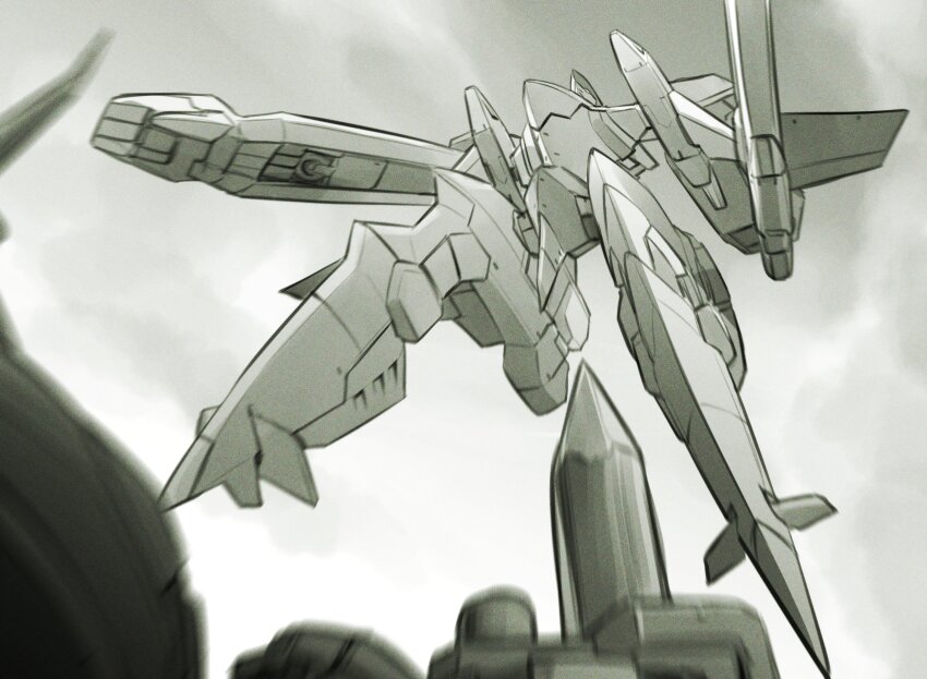 alteisen battle dcam-004_lion flying from_below greyscale highres kato_takuji mecha mecha_focus monochrome motion_blur no_humans pile_bunker robot super_robot_wars super_robot_wars_original_generation