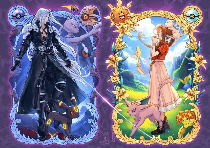 1boy 1girl aerith_gainsborough armor bangle bellossom belt black_coat black_feathers black_fur black_gloves blue_eyes bracelet braid braided_ponytail brown_hair chest_strap closed_eyes cloud cloudy_sky coat commentary cresselia cropped_jacket crossover darkrai day dress english_commentary espeon falling_petals feathers final_fantasy final_fantasy_vii final_fantasy_vii_remake flower gen_1_pokemon gen_2_pokemon gen_3_pokemon gen_4_pokemon gen_7_pokemon gloves glowing grass green_eyes grey_hair high_collar holding holding_sword holding_weapon jacket jewelry kay-i lava legendary_pokemon long_bangs long_coat long_dress long_hair long_sleeves looking_at_another lunatone masamune_(ff7) mew_(pokemon) mewtwo minior mountain mythical_pokemon night nintendo oddish on_head open_mouth own_hands_clasped own_hands_together pants parted_bangs pauldrons petals pink_dress pink_ribbon poke_ball pokemon pokemon_(creature) pokemon_on_head praying purple_eyes purple_fur red_eyes red_jacket ribbon sephiroth shoulder_armor sky solrock standing star_(sky) sword umbreon watermark weapon yellow_flower