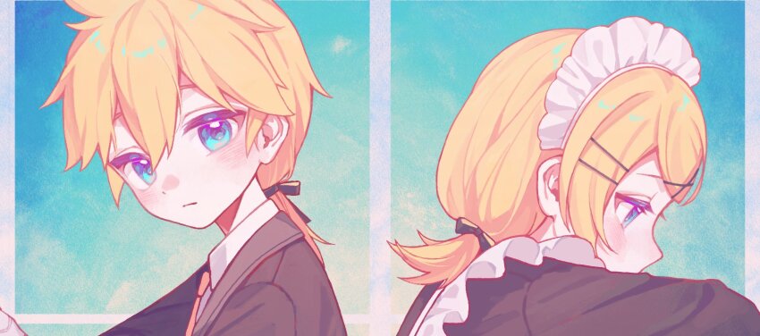 1boy 1girl blonde_hair blue_eyes blush closed_mouth collared_shirt eob eyelashes hair_between_eyes hair_ornament hairclip headdress highres kagamine_len kagamine_rin long_sleeves looking_at_viewer looking_down maid maid_headdress medium_hair necktie nose_blush orange_necktie ponytail portrait profile shirt vocaloid white_headdress white_shirt