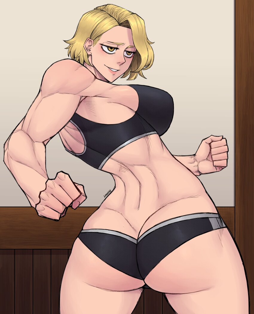 1girl absurdres artist_name ass bare_shoulders blonde_hair bra breasts butt_crack female_focus highres indoors large_breasts limn044 medium_hair panties sazanami_kuina solo sports_bra thighs toned toned_female tougen_anki underwear yellow_eyes