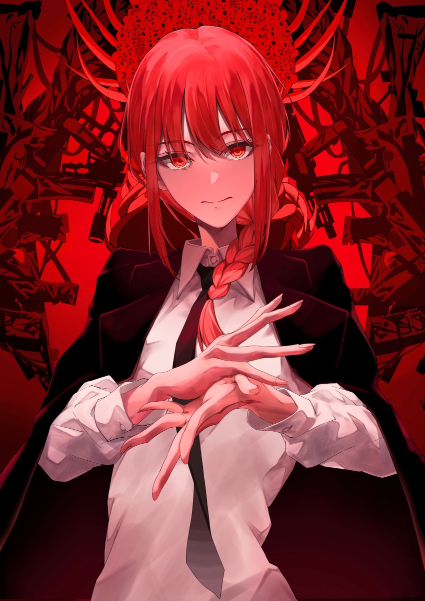 1girl absurdres acf_creator black_necktie braid braided_ponytail business_suit chainsaw_man collared_shirt commentary formal_clothes gun gun_devil_(chainsaw_man) highres long_hair makima_(chainsaw_man) necktie red_hair red_theme ringed_eyes shirt sidelocks suit weapon white_shirt