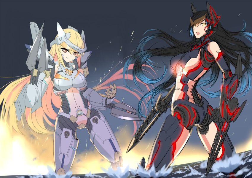 2girls 4.211_brass_knuckles arm_blade armor ass assault_mount_3.25_sting-blades bikini_armor blade blonde_hair blue_hair bodysuit brass_knuckles breasts c-string cannon chest_cannon crotch_plate energy_cannon gd6_chain_sword gipsy_danger glowing highres jaeger_(pacific_rim) legendary_pictures leotard light long_hair mecha_musume mechanical_arms mechanical_legs mechabare medium_breasts midriff multiple_girls nuclear_vortex_turbine pacific_rim pan_pacific_defense_corps personification sideboob simple_background smile spine strapless_bottom striker_eureka sword thong thong_leotard underboob visor visor_(armor) weapon whip whip_sword wrist_blades yellow_eyes