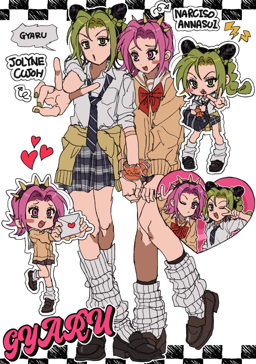 2girls :o alternate_costume arrow_(symbol) bag black_border black_hair black_outline black_socks blush border brown_shoes bun_with_braided_base character_name checkered_background chibi chibi_inset collared_shirt cone_hair_bun dress_shirt dress_shoes english_text flat_chest fu_r_y full_body genderswap genderswap_(mtf) green_hair green_lips hair_bun heart highres holding holding_bag holding_letter jojo_no_kimyou_na_bouken knees_together_feet_apart kuujou_jolyne leg_warmers letter lightning_bolt_symbol looking_at_another looking_at_viewer love_letter matching_outfits medium_hair multicolored_hair multiple_girls narciso_anasui neck_ribbon necktie orange_sweater outline outside_border pink_hair plaid_clothes plaid_skirt ribbon scrunchie shirt shoes skirt sleeves_rolled_up socks speech_bubble spiked_headband sticker stone_ocean striped_necktie sweater tied_sweater two-tone_hair white_leg_warmers white_outline white_shirt wing_collar wrist_scrunchie yuri