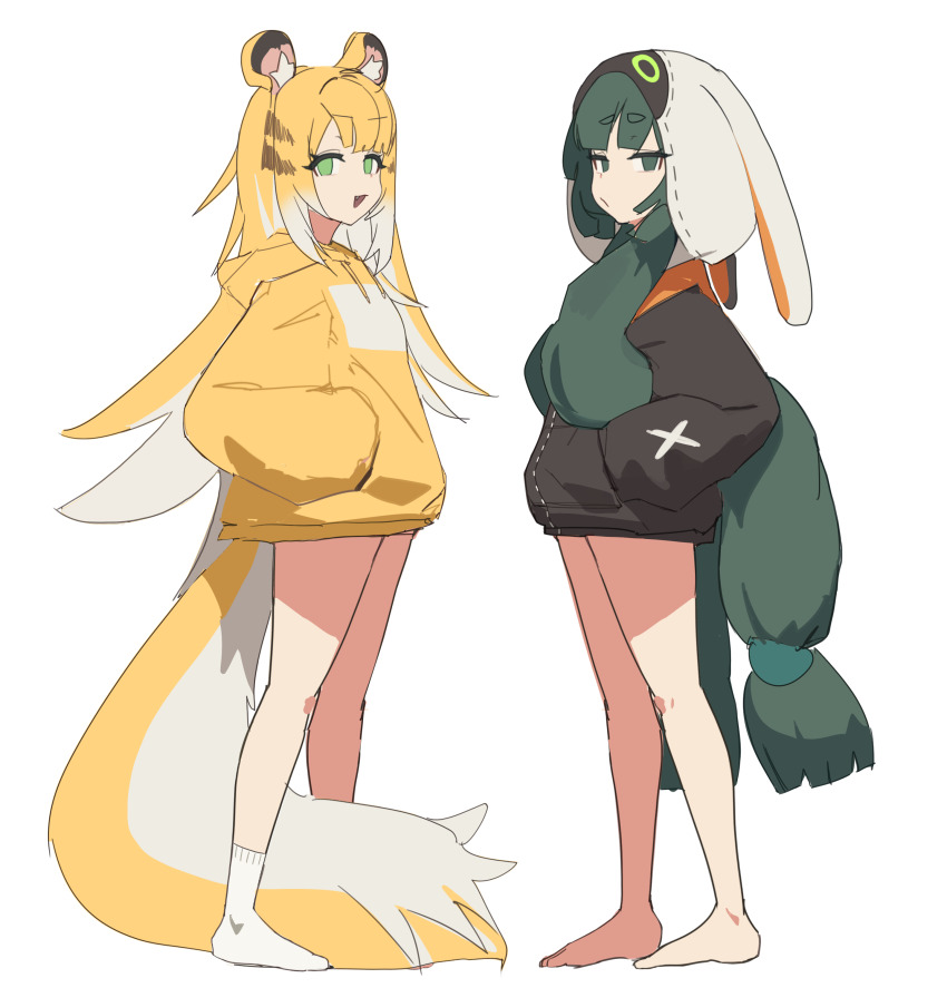 2girls absurdres alternate_costume animal_ears full_body green_eyes green_hair gya_rb hands_in_pockets highres hood ju_fufu long_hair looking_at_viewer multiple_girls qingyi_(zenless_zone_zero) simple_background standing tail thighs tiger_ears tiger_girl tiger_tail very_long_hair white_background zenless_zone_zero
