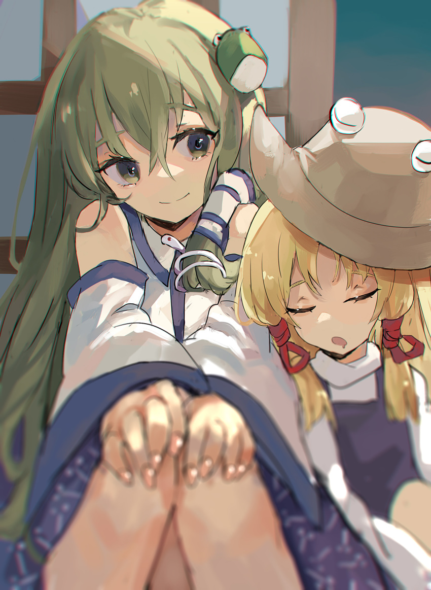 2girls absurdres blonde_hair blue_skirt collared_shirt detached_sleeves frog_hair_ornament green_eyes green_hair hair_ornament hair_ribbon hair_tubes hat hay highres indoors japanese_clothes kani_nyan kochiya_sanae long_hair long_skirt long_sleeves looking_at_another medium_hair miko moriya_suwako multiple_girls purple_vest red_ribbon ribbon shirt sitting skirt skirt_set sleeping sleeveless sleeveless_shirt snake_hair_ornament touhou turtleneck vest white_shirt wide_sleeves
