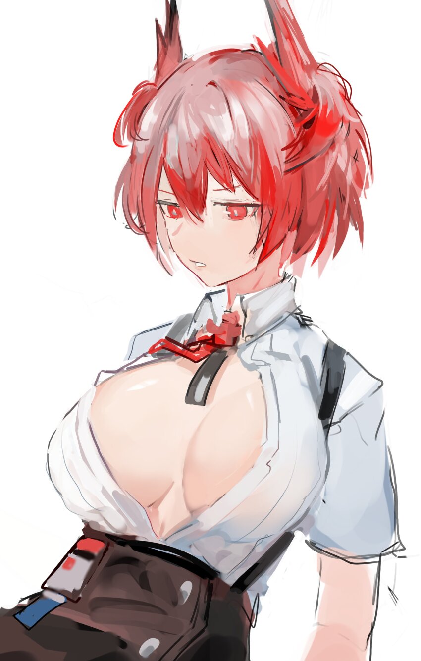 1girl absurdres arknights breasts cleavage fiammetta_(arknights) gnai highres red_eyes red_hair simple_background tagme white_background