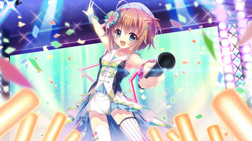 1girl ahoge arm_up armpits asymmetrical_legwear beret blue_eyes blue_hat blue_skirt breasts brooch brown_hair collarbone concert confetti dress frills from_below game_cg glint gloves glowstick green_ribbon hair_ornament hairclip hat holding holding_microphone idol idol_clothes izumi_tsubasu jewelry leggings microphone mismatched_legwear multicolored_skirt non-web_source official_art open_mouth re:stage! ribbon shikimiya_mana short_dress short_hair single_glove skirt small_breasts sparkle_background stage stage_lights star_(symbol) star_brooch striped_clothes striped_leggings striped_skirt striped_wrist_cuffs thighhighs vertical-striped_clothes vertical-striped_leggings vertical-striped_skirt white_leggings white_skirt wrist_cuffs zettai_ryouiki