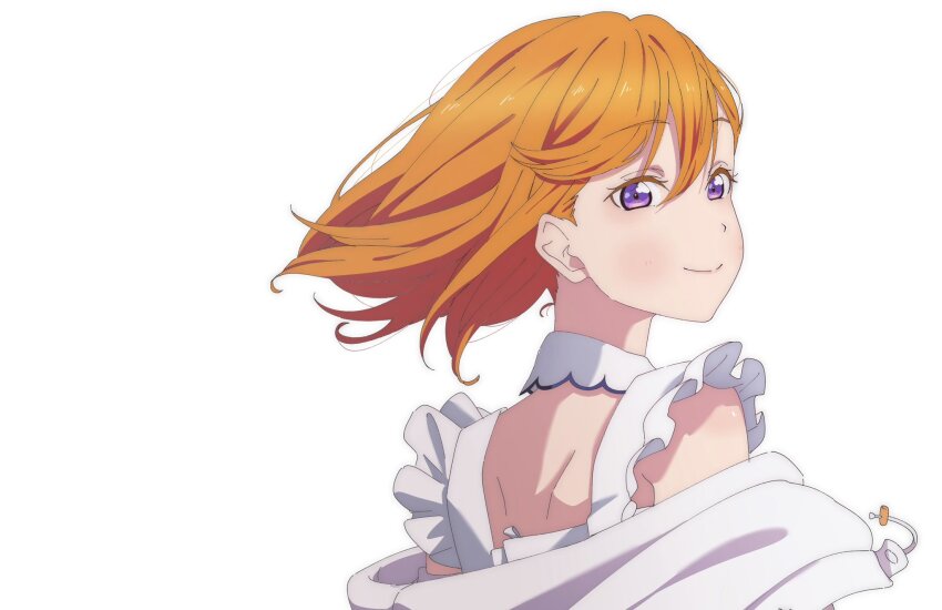 1girl detached_collar dress floating_hair frilled_dress frills fujimiz hair_between_eyes hajimari_wa_kimi_no_sora highres jacket lone_nape_hair looking_at_viewer looking_back love_live! love_live!_superstar!! medium_hair off_shoulder official_alternate_costume orange_hair purple_eyes shibuya_kanon shoulder_blades simple_background sleeveless sleeveless_dress solo swept_bangs upper_body white_background white_jacket
