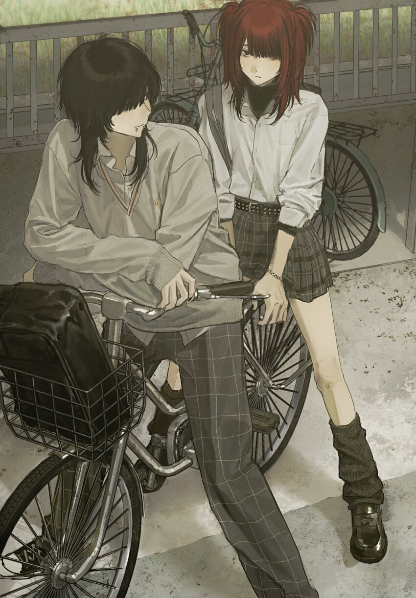 2boys asymmetrical_bangs bicycle black_bag black_footwear black_hair black_socks brothers closed_mouth eyeshadow fence grey_pants grey_skirt grey_sweater hair_over_one_eye highres hirota_tsuu loafers looking_at_another loose_socks makeup male_focus multiple_boys original outdoors pants piercing plaid_clothes plaid_pants plaid_skirt red_eyes red_hair shirt shirt_tucked_in shoes siblings skirt smile socks sweater trap two_side_up white_shirt wolf_cut
