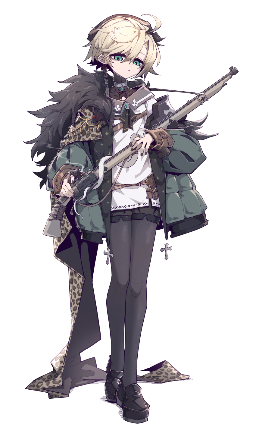 1boy absurdres aqua_eyes black_pantyhose black_shoes blonde_hair chinese_commentary commentary_request crossdressing crossdressing_(mtf) full_body green_jacket gun highres holding holding_gun holding_weapon imazawa jacket long_sleeves male_focus original pantyhose parted_lips puffy_long_sleeves puffy_sleeves shirt shoes short_hair simple_background solo standing trap weapon white_background white_shirt