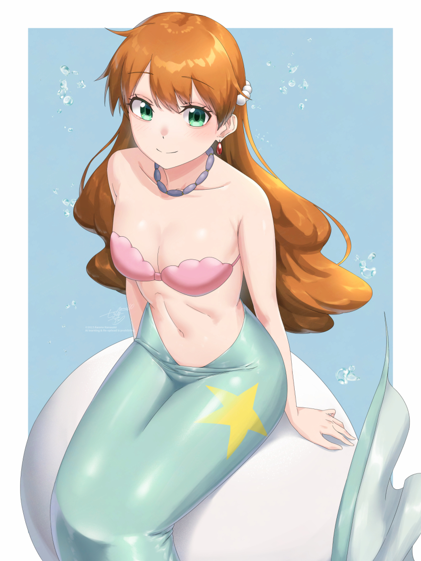 1girl awono_nanaumi bare_shoulders bikini blush breasts brown_hair bubble closed_mouth collarbone earrings green_eyes hair_ornament highres jewelry long_hair looking_at_viewer medium_breasts mermaid mermaid_misty_(pokemon) misty_(pokemon) monster_girl navel necklace nintendo orange_hair pokemon pokemon_(anime) pokemon_(classic_anime) seashell shell shell_bikini sitting smile solo star_(symbol) swimsuit underwater