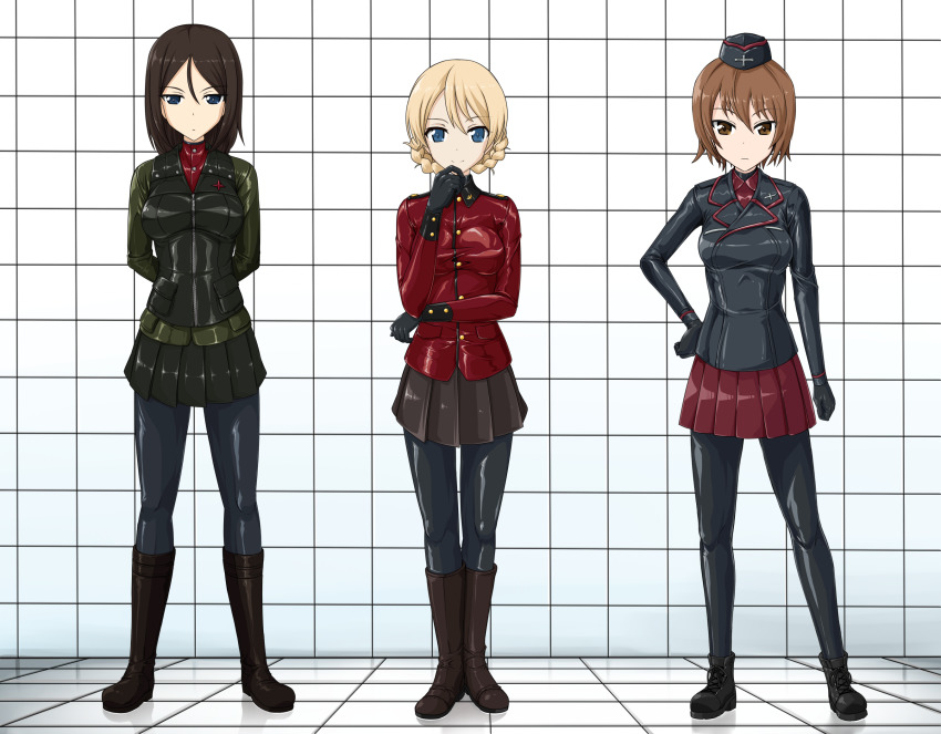 3girls adapted_costume arm_at_side arms_behind_back blonde_hair blue_eyes bodysuit bodysuit_under_clothes boots braid brown_eyes brown_hair commentary_request contrapposto darjeeling_(girls_und_panzer) epaulettes expressionless garrison_cap girls_und_panzer hair_between_eyes hand_on_own_hip hat highres kuromorimine_military_uniform latex latex_bodysuit legs_apart legs_together looking_at_viewer military military_uniform multiple_girls nishizumi_maho nonna_(girls_und_panzer) pravda_military_uniform shiny_clothes short_hair skin_tight smile st._gloriana&#039;s_military_uniform tamakko twin_braids zipper