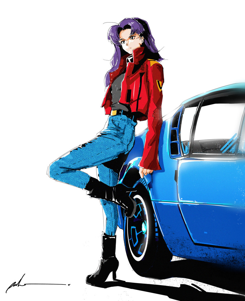 1990s_(style) 1girl boots car denim female_focus high_heel_boots high_heels highres jacket jeans katsuragi_misato motor_vehicle neon_genesis_evangelion pants retro_artstyle sergey_orlov solo