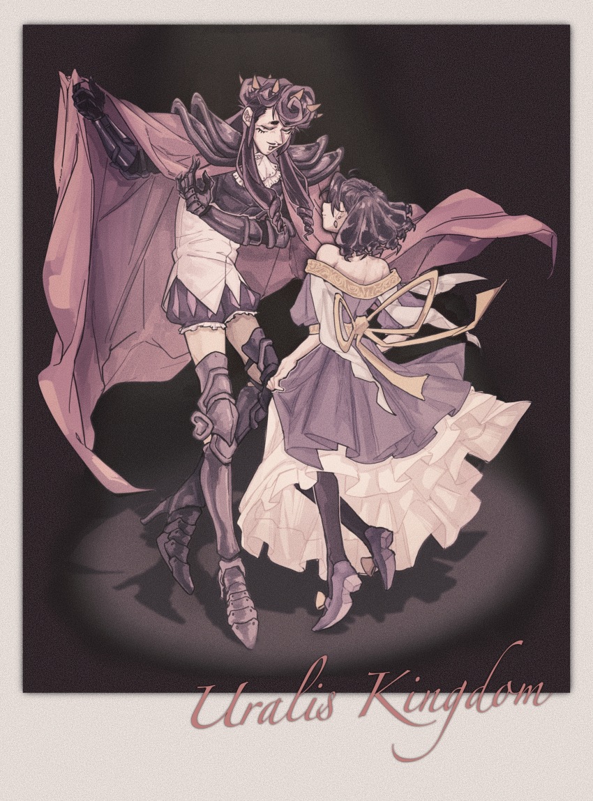 1boy 1girl :d absurdres aged_up armored_boots ascot bare_shoulders black_gloves black_hair black_pantyhose bonchien_nicoli_la_tasty_peach_uralis boots border bowing cape_hold chest_guard cloak closed_eyes closed_mouth commentary_request crown curatorguanzhangxianyuchuyangcheng dancing dress drill_hair earrings facial_hair facial_mark facing_another floating floating_clothes frilled_dress frills full_body fumetsu_no_anata_e gauntlets gloves hand_up height_difference highres jewelry layered_dress long_hair mustache off-shoulder_dress off_shoulder open_mouth outstretched_arm pantyhose pompadour profile puff_and_slash_shorts puffy_short_sleeves puffy_sleeves purple_dress red_cloak ringlets sash shirt shoe_soles short_hair short_sleeves shorts sidelocks simple_background skirt_hold smile spoilers spotlight standing tonari_dalton twin_drills white_ascot white_dress white_shirt