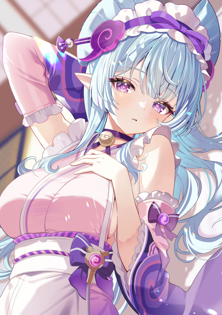 1girl absurdres arm_up bell blue_hair breast_suppress breasts commentary_request detached_sleeves genshin_impact highres japanese_clothes kimono large_breasts long_hair looking_at_viewer lying motsunuki neck_bell nihongami on_back parted_lips pink_kimono pink_pupils pink_sleeves pointy_ears sash sideboob sleeve_bow sleeveless sleeveless_kimono solo upper_body white_sash yumemizuki_mizuki