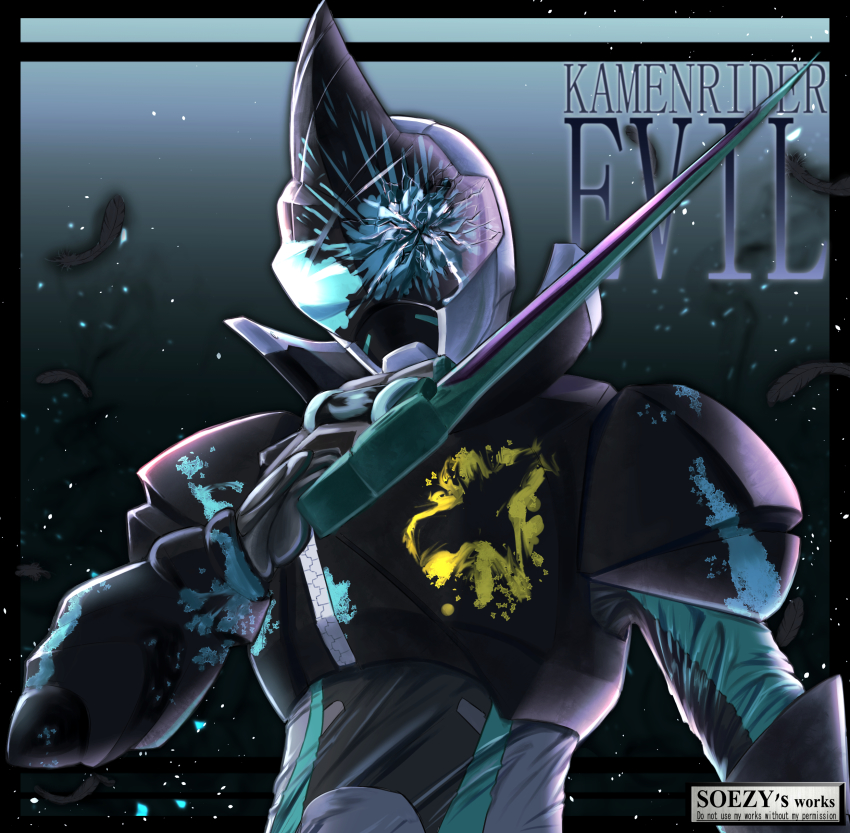 1boy absurdres after_battle aqua_eyes armor artist_name bat_(animal) bat_genome battle_damage black_armor character_name commentary_request cowboy_shot crack cracked_helmet dark_foreground defeat demon rider_belt gloves goth_fashion hand_on_own_head helmet highres holding holding_weapon horns kamen_rider kamen_rider_evil kamen_rider_revice looking_at_viewer male_focus open_hand rider_belt silver_gloves single_horn sky soezy solo splatter splatter_print spoilers spotlight sword tokusatsu two_sidriver upper_body villain_pose vistamp weapon wings