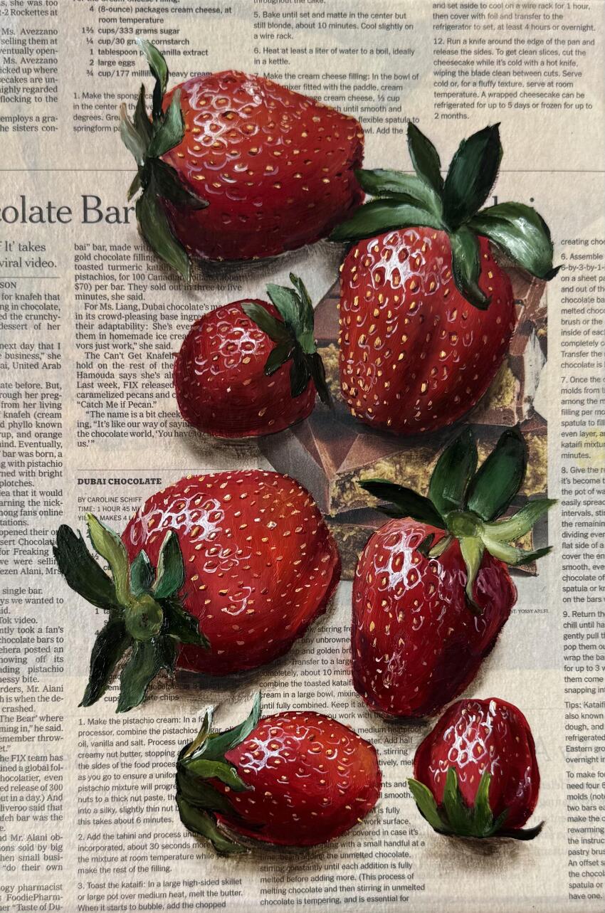 absurdres bread_bun chili_pepper food food_focus fruit highres julia_stankevych newspaper no_humans oil_painting_(medium) original painting_(medium) photo_(medium) realistic signature still_life strawberry traditional_media wall_of_text