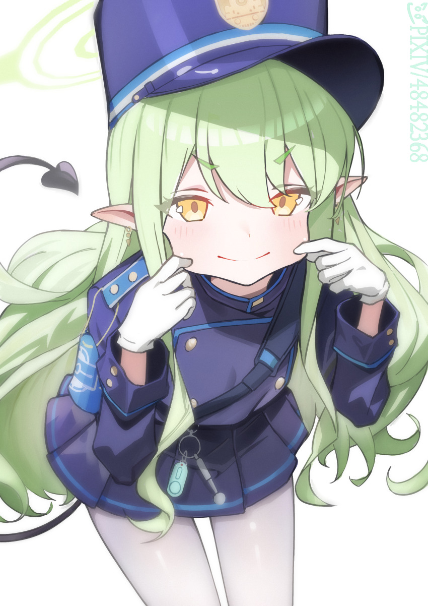 1girl absurdres blue_archive blue_hat blue_jacket blue_skirt buttons closed_mouth cowboy_shot demon_girl demon_tail gloves green_hair green_halo halo hat highres hikari_(blue_archive) jacket kampswe_galong long_hair pantyhose pointy_ears simple_background skirt smile solo tail white_background white_gloves white_pantyhose yellow_eyes