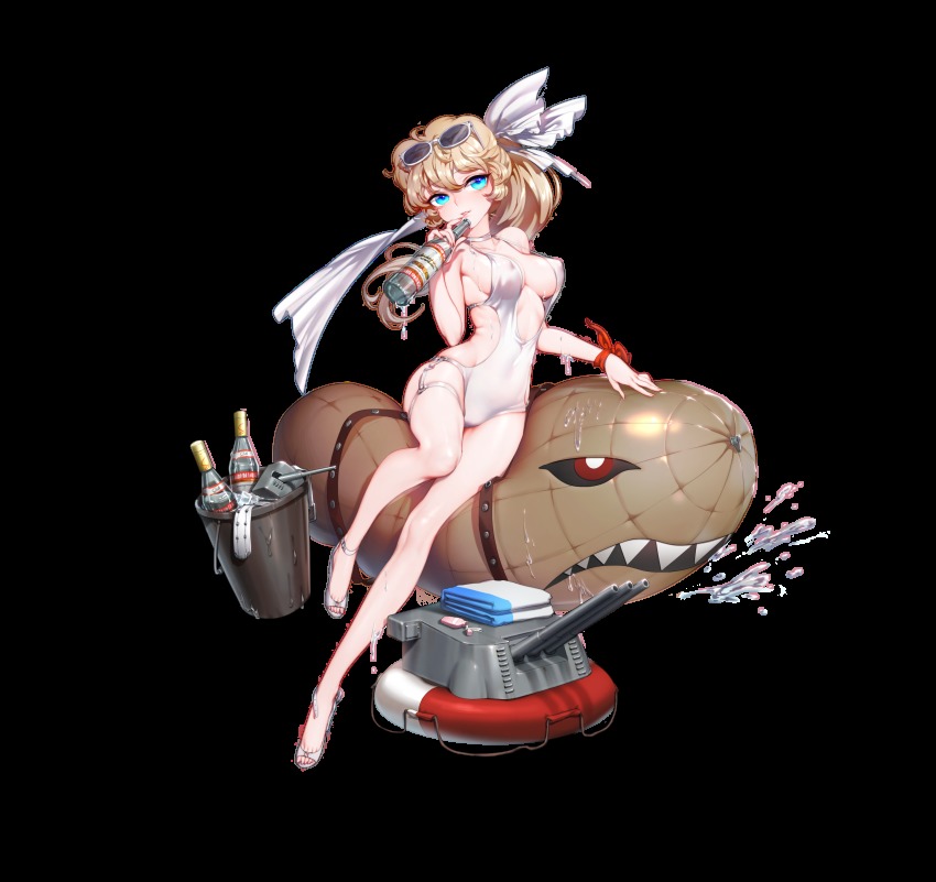 1girl absurdres aircraft alcohol battleship_girl belt blonde_hair blue_eyes bottle breasts bucket center_opening clothing_cutout collarbone command_&amp;_conquer command_&amp;_conquer:_red_alert command_&amp;_conquer:_red_alert_2 covered_erect_nipples dirigible dripping eyebrows eyewear_on_head female_focus fingernails full_body garter_straps glasses hair_between_eyes hair_ribbon halterneck high_heels highres holding holding_bottle ice ice_cube kirov_(battleship_girl) kirov_airship lifebuoy light_brown_hair long_fingernails long_hair looking_at_viewer lotion_bottle medium_breasts official_art one-piece_swimsuit open-toe_shoes quuni red_alert_2 ribbon sandals shade shoes side_cutout skindentation smile solo spill stolichnaya_(vodka) strap_gap suggestive_fluid sunglasses swim_ring swimsuit thigh_strap toes towel transparent_background turret vodka wet white-framed_eyewear white_one-piece_swimsuit white_shoes wine_bottle wrist_ribbon