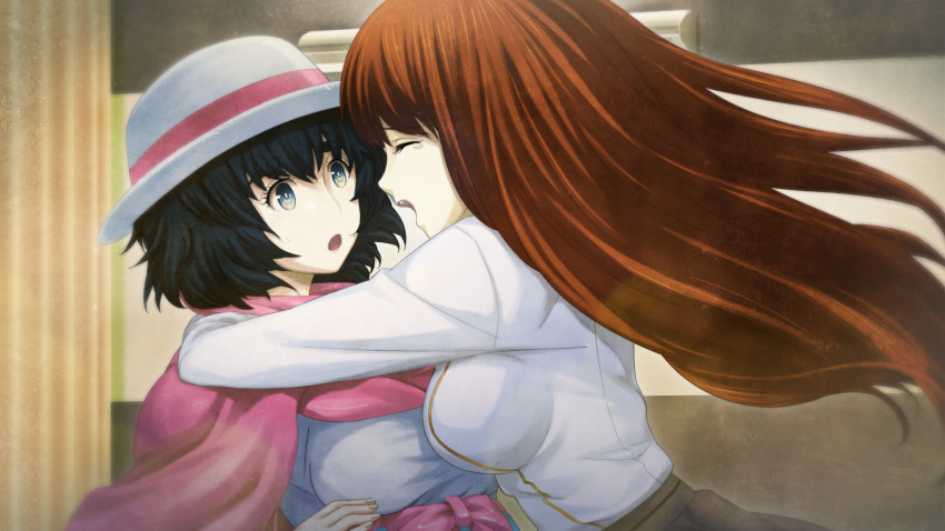 2girls :o black_hair blue_eyes blue_skirt bow breasts brown_skirt closed_eyes collared_shirt crying game_cg glomp happy_tears hat high-waist_skirt highres hug huke impossible_clothes large_breasts long_hair long_sleeves medium_hair multiple_girls official_art open_mouth pink_bow pink_sash pink_stripes red_hair red_scarf ringed_eyes sash scarf shiina_kagari shiina_mayuri shirt skirt steins;gate steins;gate_0 surprised tears teeth tongue upper_teeth_only waist_bow waist_sash white_shirt winter_clothes yellow_trim