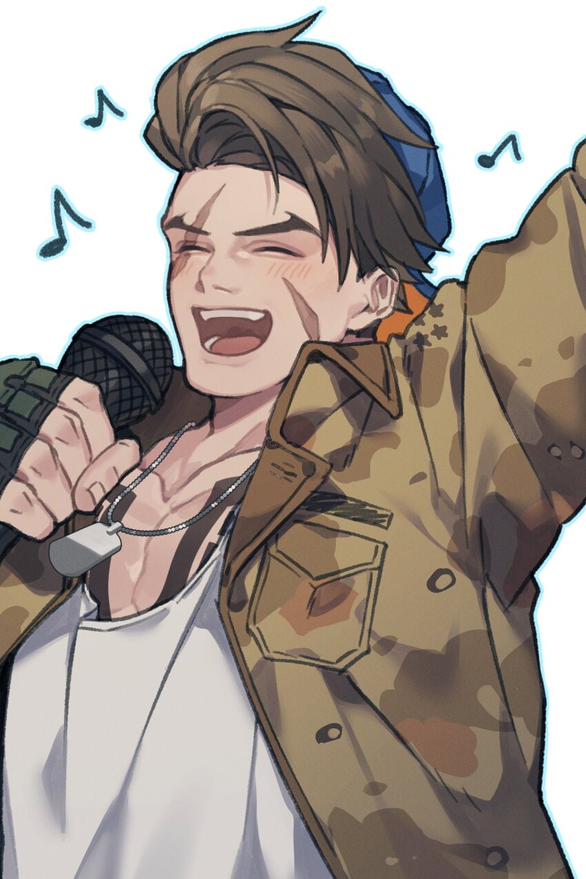1boy absurdres arm_up backwards_hat baseball_cap blue_hat blush brown_hair camouflage camouflage_jacket chest_tattoo closed_eyes collarbone commentary_request curtained_hair dog_tags facial_scar fingerless_gloves fingernails forked_eyebrows gloves hat highres holding holding_microphone jacket long_sleeves luke_sullivan male_focus microphone multiple_scars music musical_note official_alternate_costume open_clothes open_jacket open_mouth prat_rat scar scar_across_eye scar_on_cheek scar_on_face shirt short_hair simple_background singing solo star_(symbol) street_fighter street_fighter_6 tattoo teeth tongue upper_body white_background white_shirt