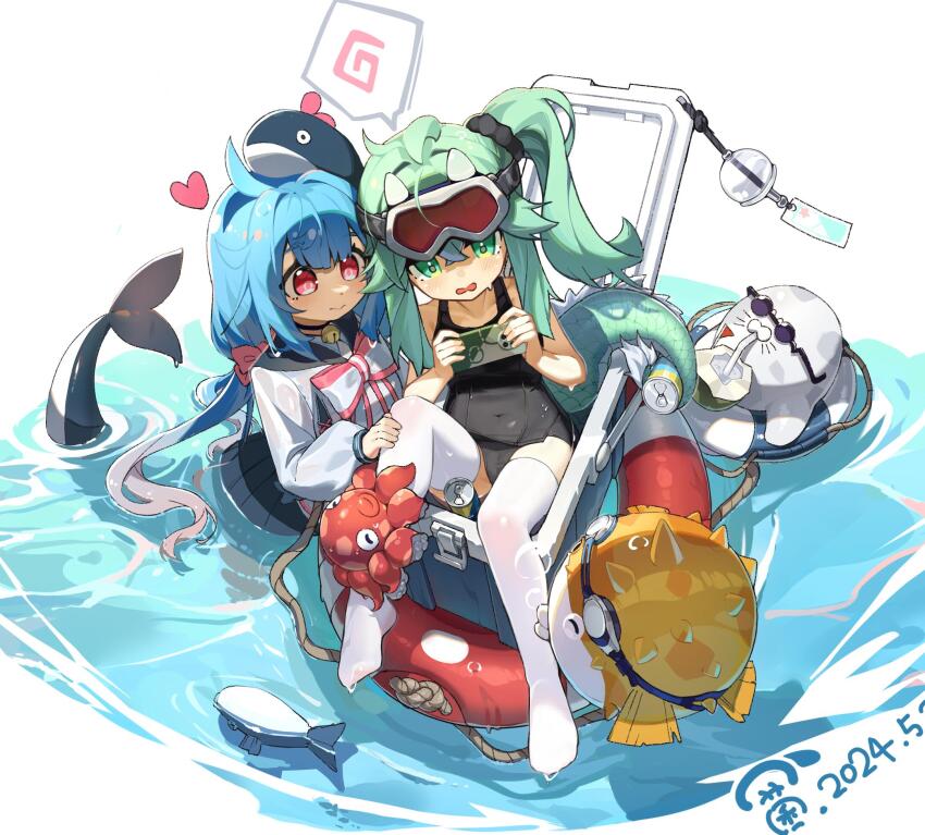 2girls ahoge bad_source black_one-piece_swimsuit blue_hair cellphone choker closed_mouth coconut covered_navel crab diving_mask drinking_straw eastern_dragon_tail fins fish fish_tail goggles goggles_on_head gradient_hair green_eyes green_hair hair_between_eyes hat heart highres holding horns innertube lifebuoy long_hair long_sleeves multicolored_hair multiple_girls no_shoes one-piece_swimsuit open_mouth original phone pink_hair red_eyes shirt sitting smartphone smile swim_ring swimsuit tail thighhighs twintails ulrica.h water wet white_shirt white_thighhighs