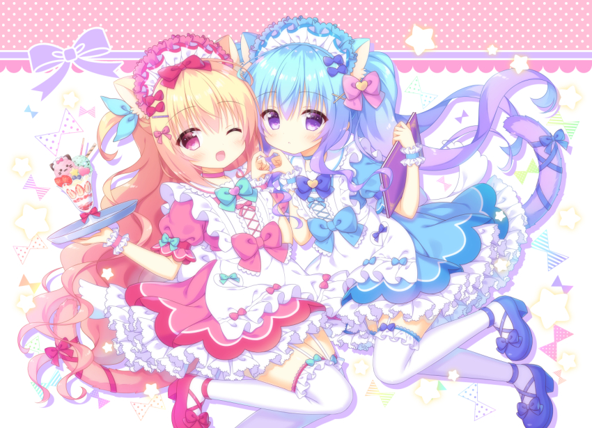 2girls animal_ears apron aqua_bow aqua_bowtie aqua_ribbon blonde_hair blue_bow blue_bowtie blue_choker blue_dress blue_ribbon bow bowtie cat_ears cat_girl cat_tail choker comiket_97 commentary_request dress food frilled_apron frilled_thighhighs frills garter_straps hair_bow hair_ornament hair_ribbon hairclip heart heart_hands heart_hands_duo high_heels holding holding_menu holding_tray kamishiro_piyo long_hair maid maid_apron maid_headdress menu multicolored_hair multiple_girls one_eye_closed open_mouth original parfait petticoat pink_bow pink_dress pink_eyes pink_shoes puffy_short_sleeves puffy_sleeves purple_eyes purple_hair ribbon shoes short_sleeves smile tail tail_bow tail_ornament tail_ribbon thighhighs tray twintails two-tone_hair wavy_hair white_apron white_thighhighs x_hair_ornament