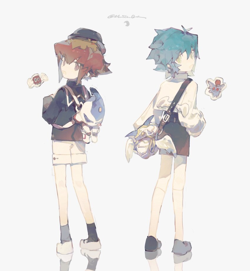 2boys aged_down bag black_footwear black_headwear black_socks blue_hair brown_eyes brown_hair chibi chibi_inset crystal_beast_ruby_carbuncle elemental_hero_neos green_eyes hat highres jacket johan_andersen messenger_bag multiple_boys open_mouth rainbow_dragon shorts shoulder_bag socks twitter_username uincorngear white_footwear winged_kuriboh yu-gi-oh! yu-gi-oh!_gx yuki_judai