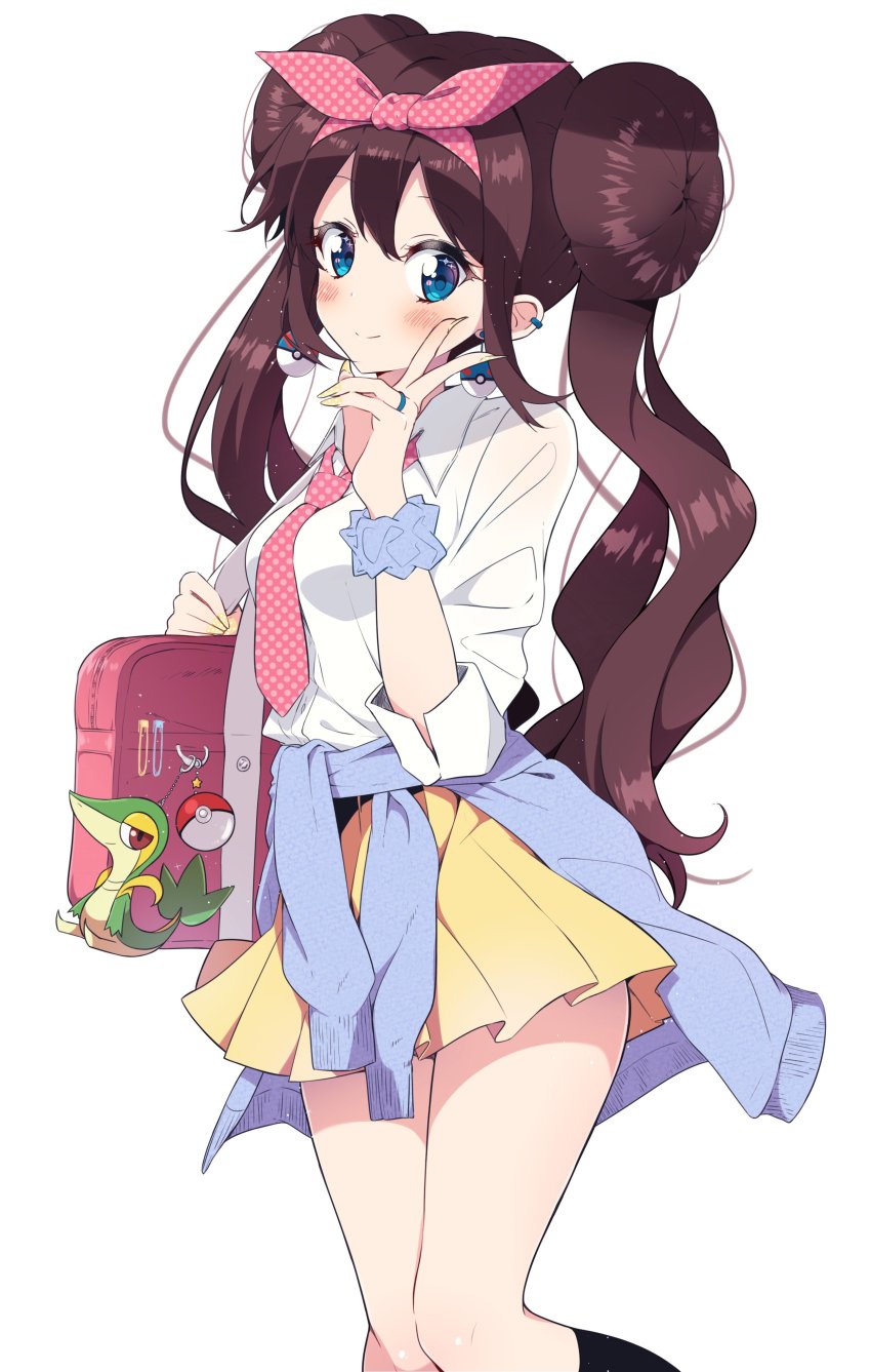 1girl absurdres bag bag_charm black_socks blue_cardigan blue_eyes blue_scrunchie blush breasts brown_hair brown_nails cardigan cardigan_around_waist charm_(object) closed_mouth clothes_around_waist collared_shirt double_bun dress_shirt earrings female_focus fingernails gen_5_pokemon hair_between_eyes hair_bun hair_ribbon hand_up highres ichijo_rei jewelry kneehighs long_hair medium_breasts nail_polish necktie nintendo pink_ribbon pleated_skirt poke_ball poke_ball_(basic) poke_ball_earrings pokemon pokemon_(creature) pokemon_bw2 polka_dot polka_dot_neckwear polka_dot_ribbon ribbon rosa_(pokemon) school_bag school_uniform scrunchie shirt side_bun skirt smile snivy socks solo sparkling_eyes standing twintails unmoving_pattern v very_long_hair white_shirt wrist_scrunchie yellow_shirt