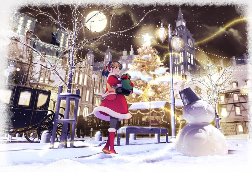 1girl arle_nadja black_pantyhose boots brown_eyes brown_hair chariot christmas christmas_tree clock clock_tower commentary_request dress earmuffs full_moon highres holding holding_sack madou_monogatari moon night outdoors pantyhose puyopuyo sack santa_costume santa_dress shimadai587779 smile snow snowing snowman solo tower town